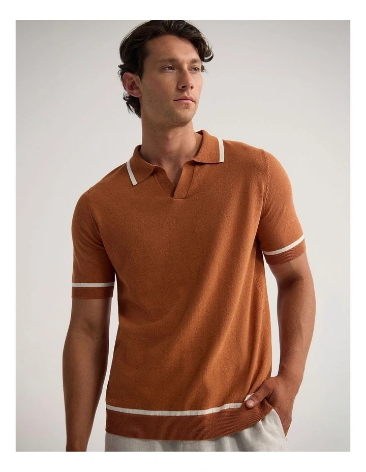 Vito Linen Blend Polo With Tipping in Rust/Ecru image 4