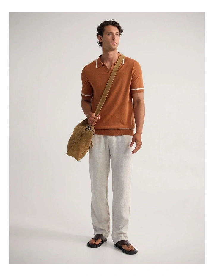 Vito Linen Blend Polo With Tipping in Rust/Ecru image 5