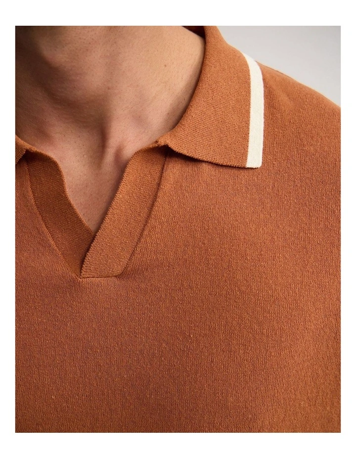 Vito Linen Blend Polo With Tipping in Rust/Ecru image 6