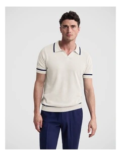 Vito Linen Blend Polo with Tipping in Ecru and Navy