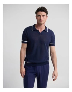 Vito Linen Blend Polo with Tipping in Ecru and Navy