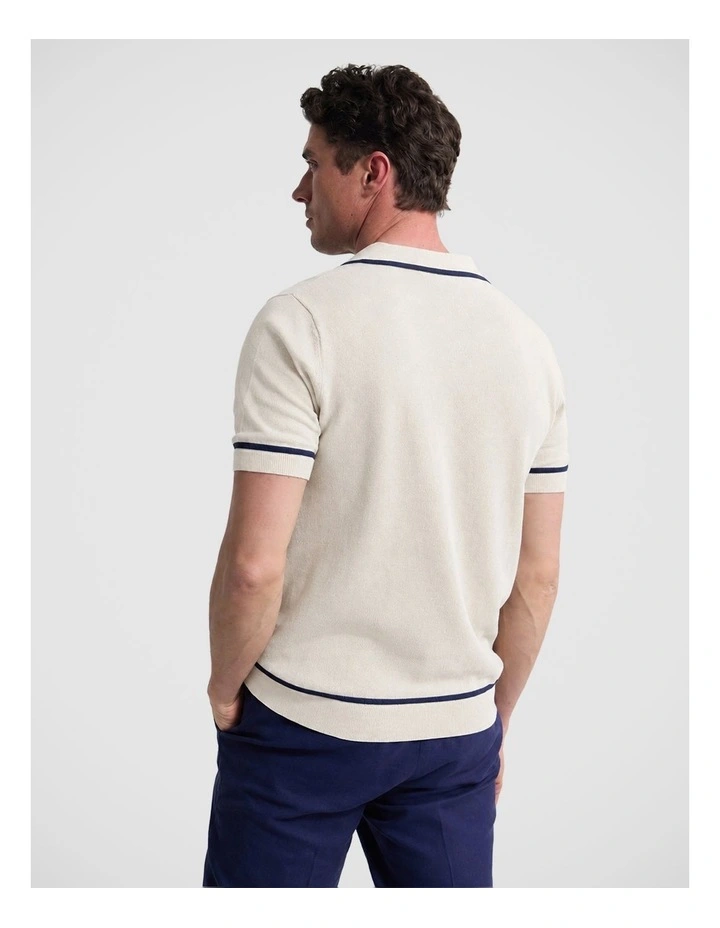 Vito Linen Blend Polo with Tipping in Ecru and Navy image 2