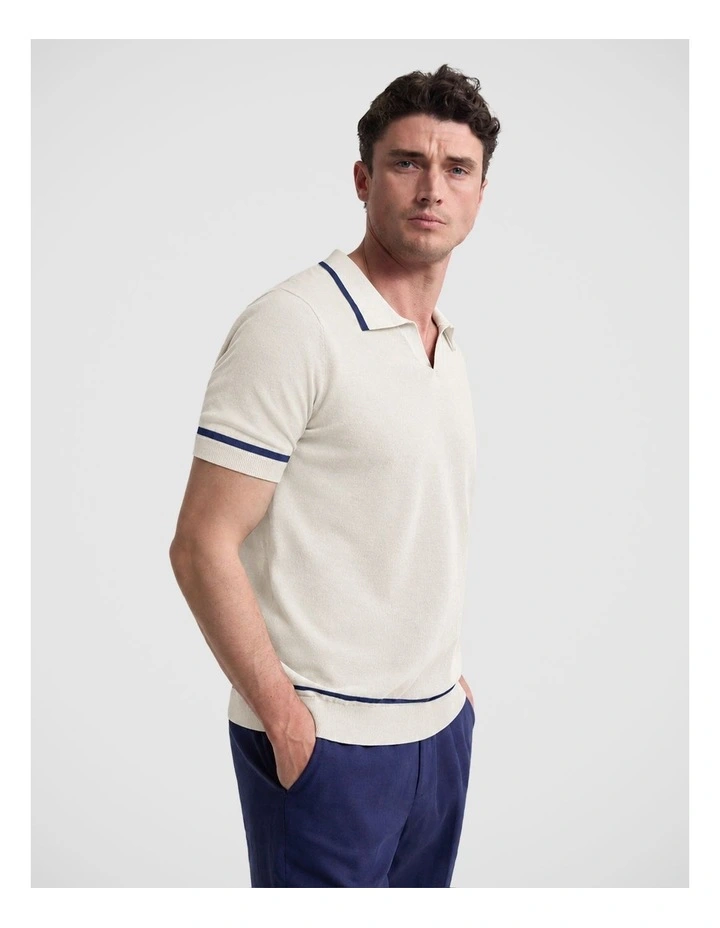 Vito Linen Blend Polo with Tipping in Ecru and Navy image 3