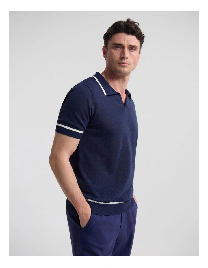 Vito Linen Blend Polo with Tipping in Ecru and Navy image 4