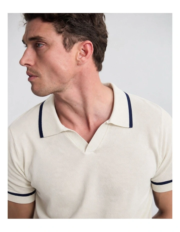 Vito Linen Blend Polo with Tipping in Ecru and Navy image 5