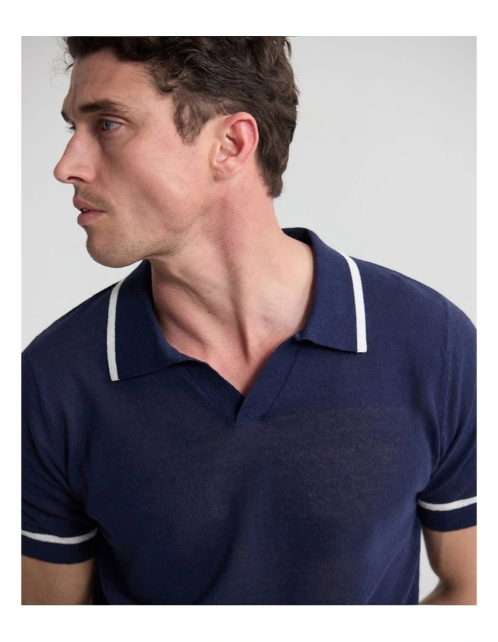 Vito Linen Blend Polo with Tipping in Ecru and Navy image 5