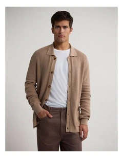Ford Rib Cotton Cardigan in Warm Sand