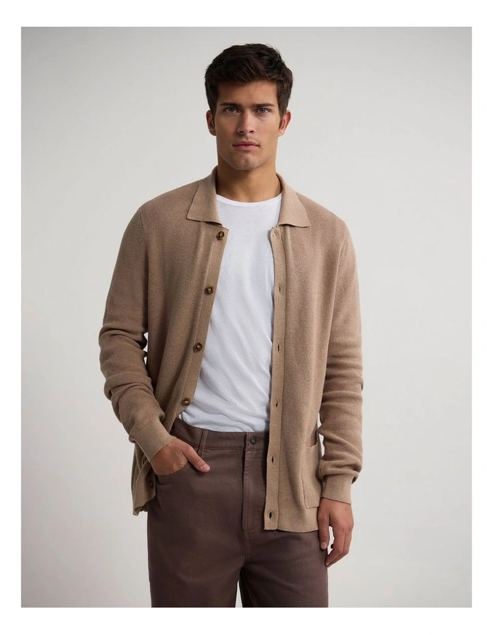 Ford Rib Cotton Cardigan in Warm Sand image 1