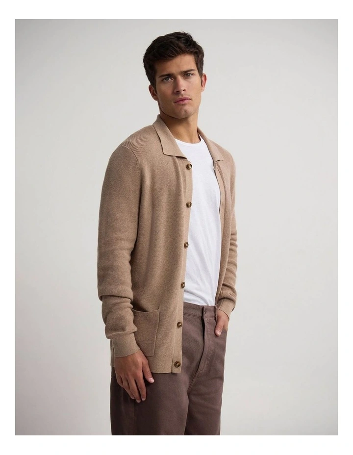Ford Rib Cotton Cardigan in Warm Sand image 3