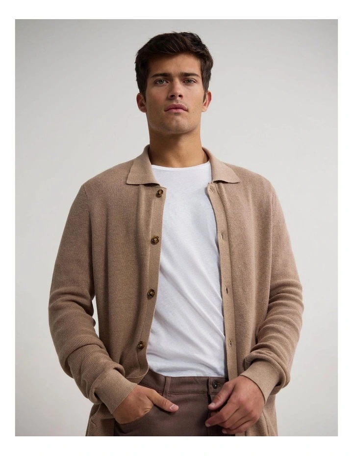 Ford Rib Cotton Cardigan in Warm Sand image 4