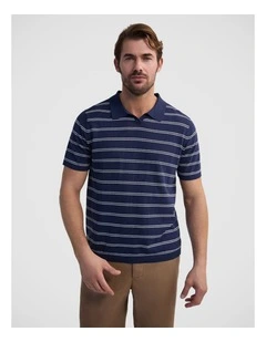 Basey Linen Blend Striped Polo in Navy