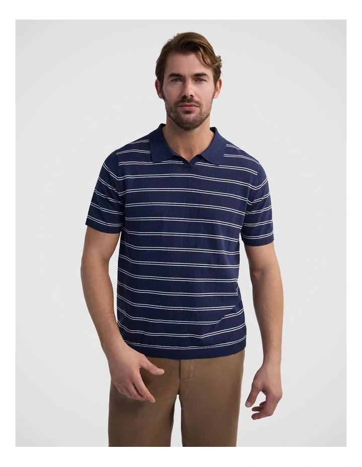 Basey Linen Blend Striped Polo in Navy image 1