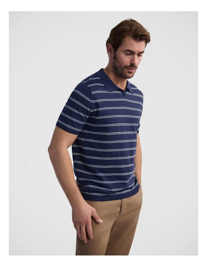 Basey Linen Blend Striped Polo in Navy image 3