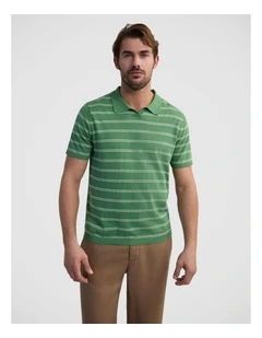 Basey Linen Blend Striped Polo in Green