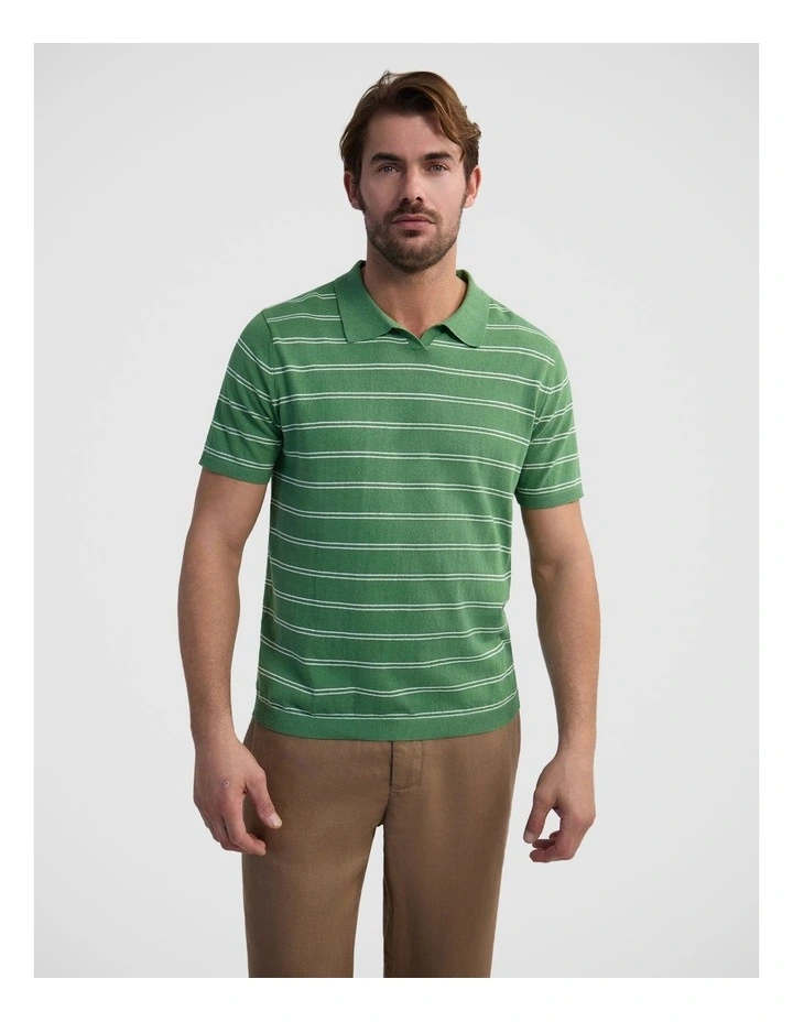 Basey Linen Blend Striped Polo in Green image 1