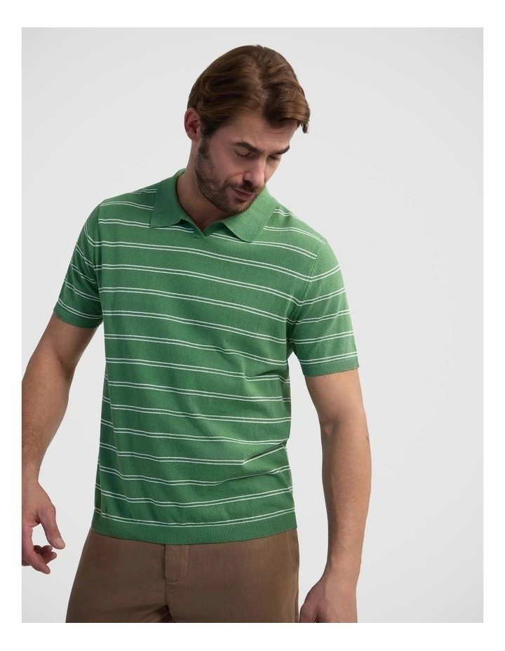 Basey Linen Blend Striped Polo in Green image 4
