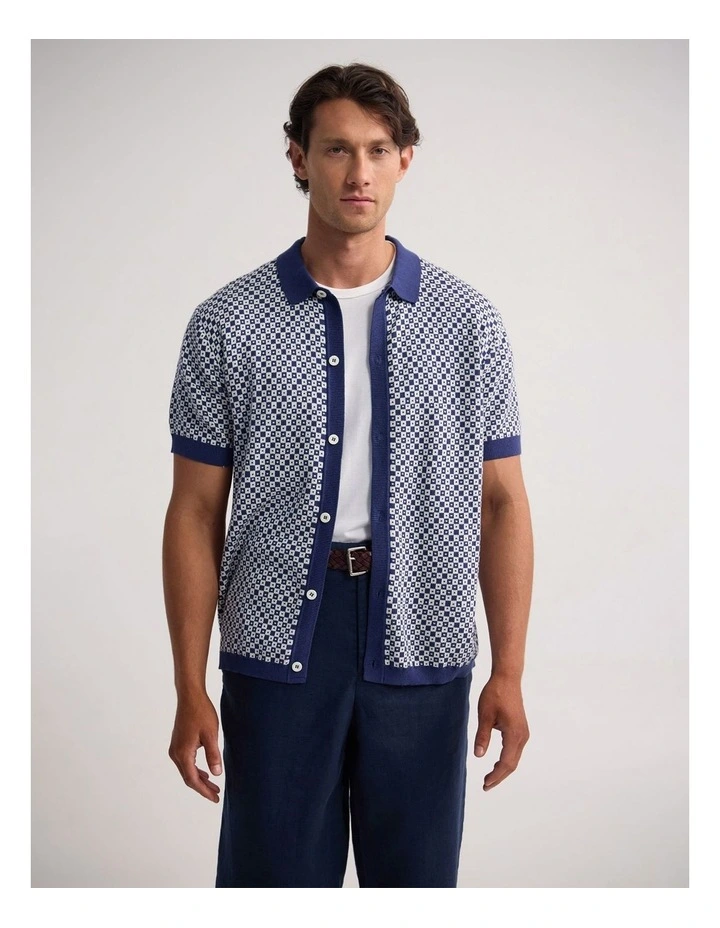 Jacob Jacquard Polo in Blue/Ecru image 1