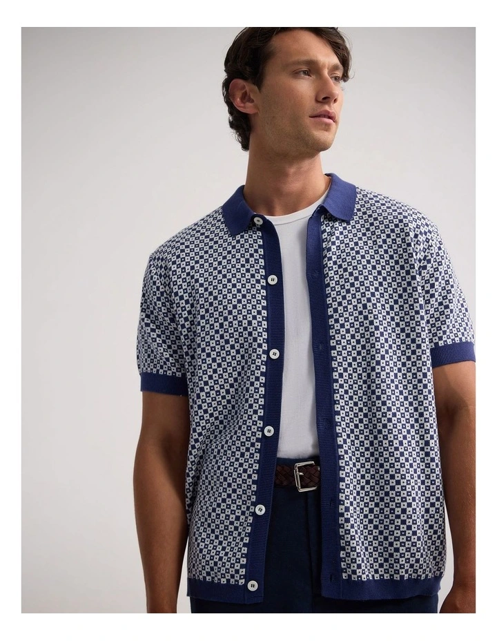 Jacob Jacquard Polo in Blue/Ecru image 4
