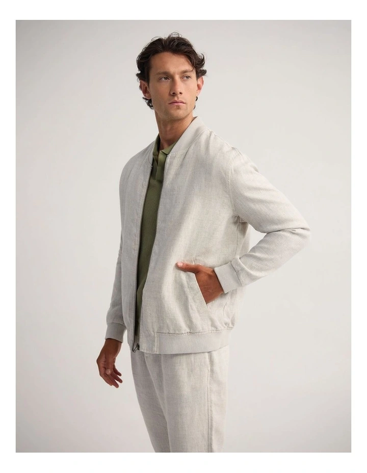 Henry French Linen Bomber Jacket in Natural image 2