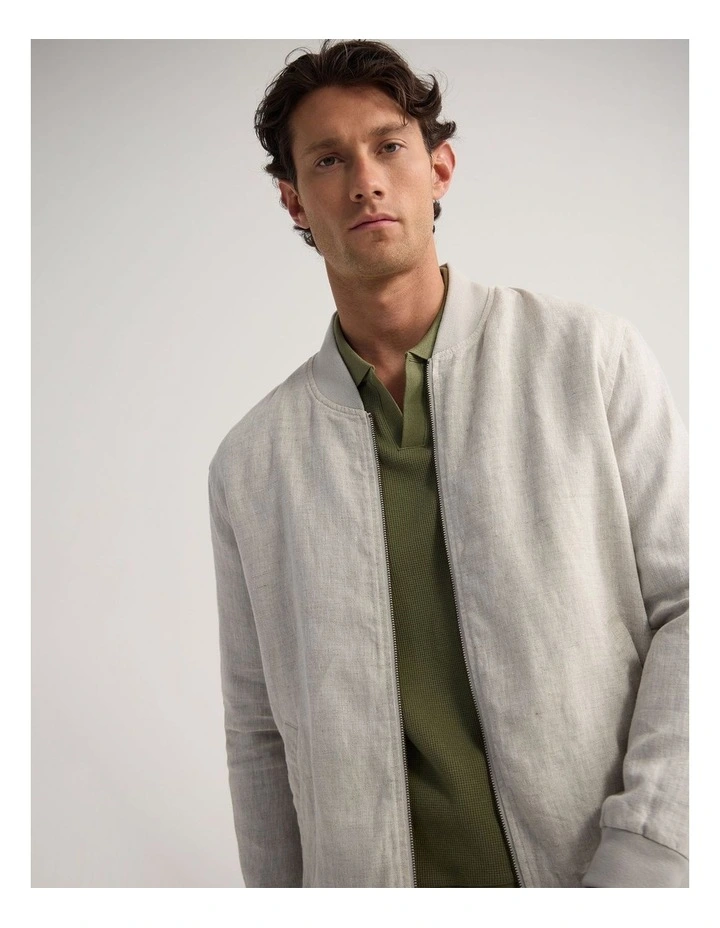 Henry French Linen Bomber Jacket in Natural image 4