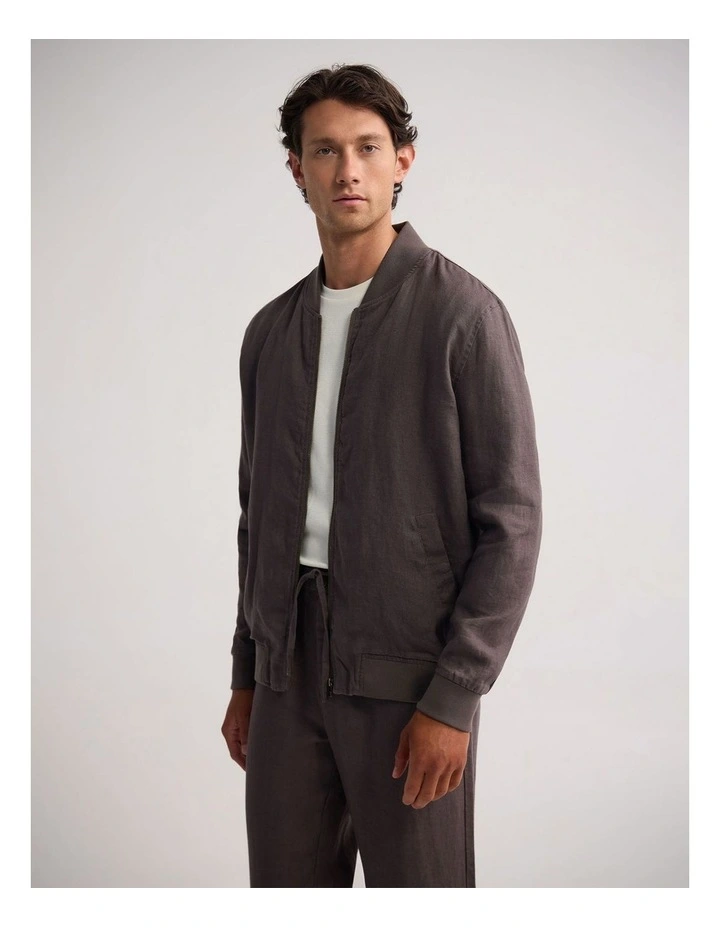 Henry French Linen Bomber Jacket in Mocha image 2