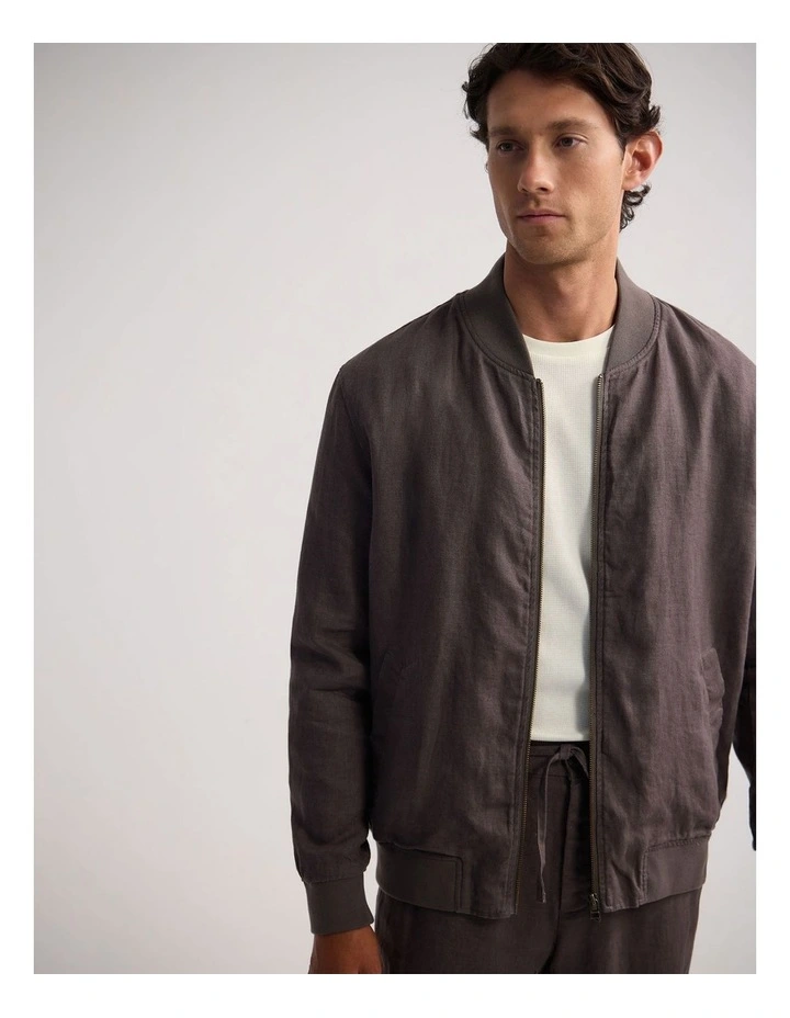 Henry French Linen Bomber Jacket in Mocha image 4
