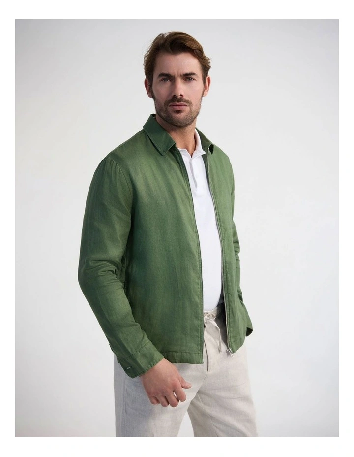 Adem French Linen Zip Bomber in Olive image 3