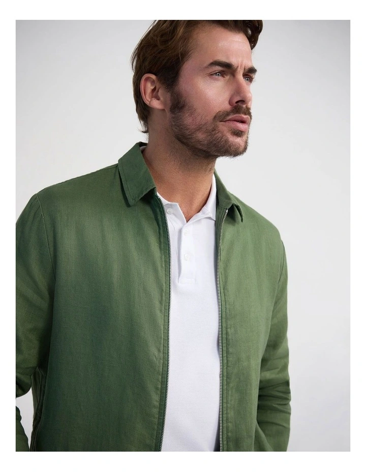Adem French Linen Zip Bomber in Olive image 5