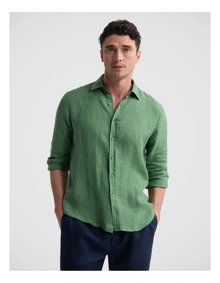 Cooper Long Sleeve Delave Linen Shirt in Pea Green image 1