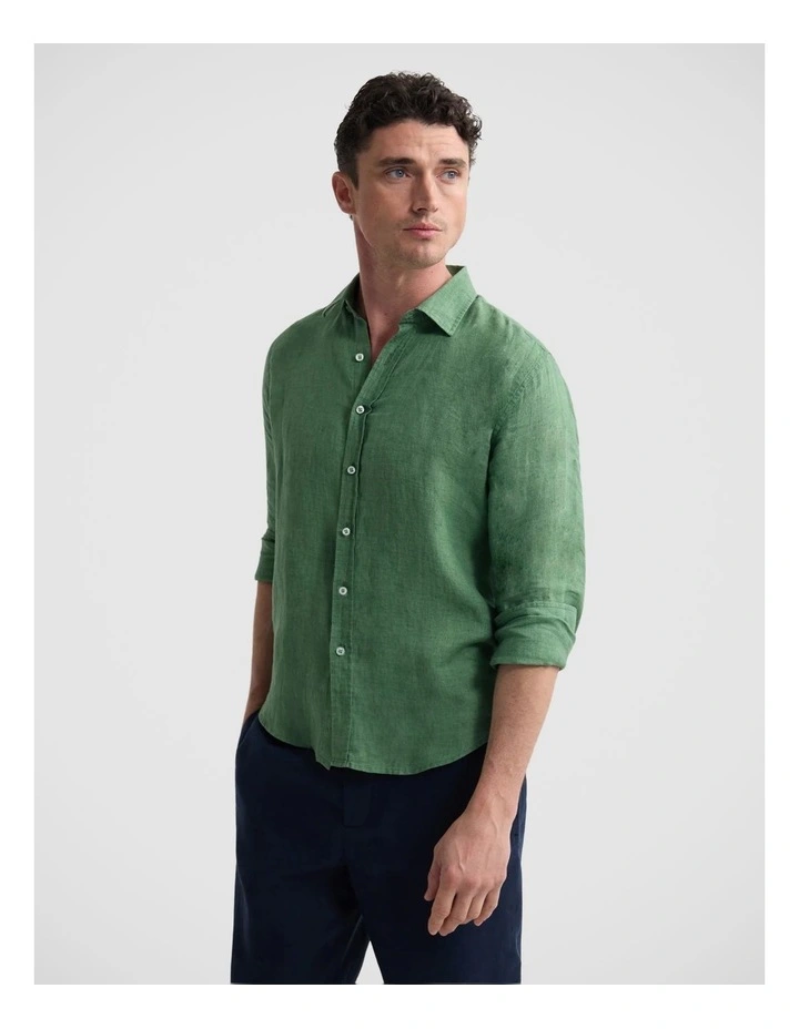 Cooper Long Sleeve Delave Linen Shirt in Pea Green image 3