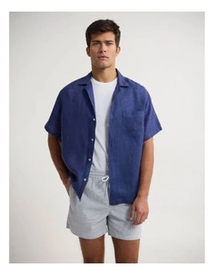 Griffin Delave Linen Short Sleeve Shirt in Denim Blue