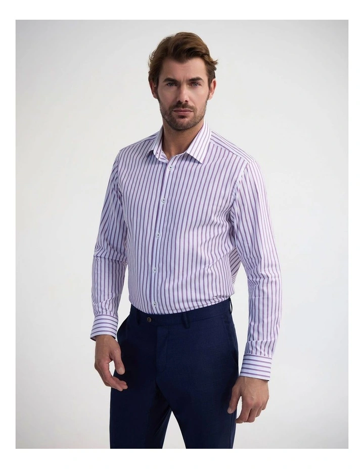 Beckton Slim Fit Cotton Luxury Shirt in Purple Stripe image 3