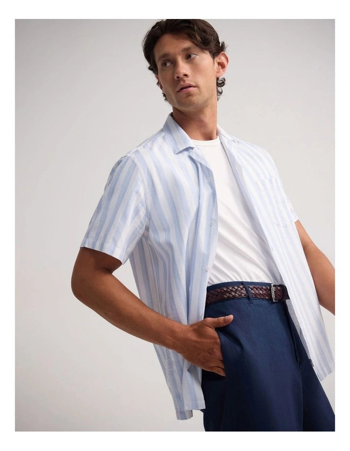 Griffin Cotton Short Sleeve Luxury Shirt in Blue Stripe image 2