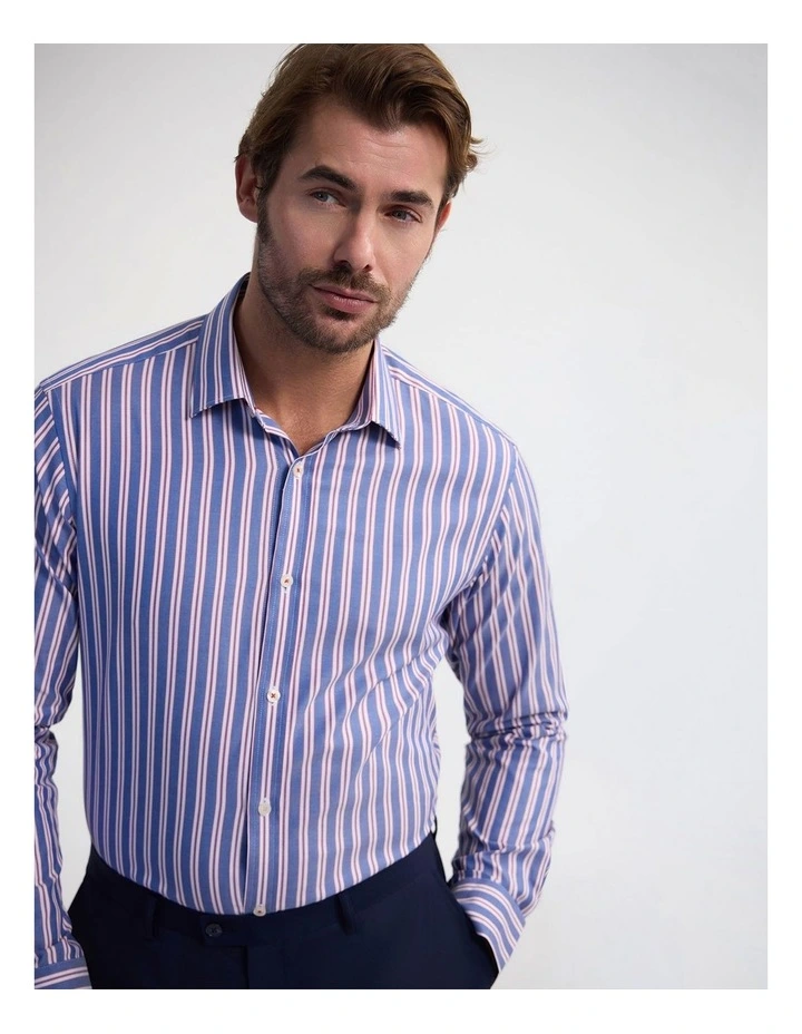 Beckton Slim Fit Cotton Luxury Shirt in Blue Stripe image 2