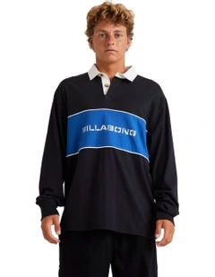 Warped Rugby Long Sleeve Polo Shirt in Black