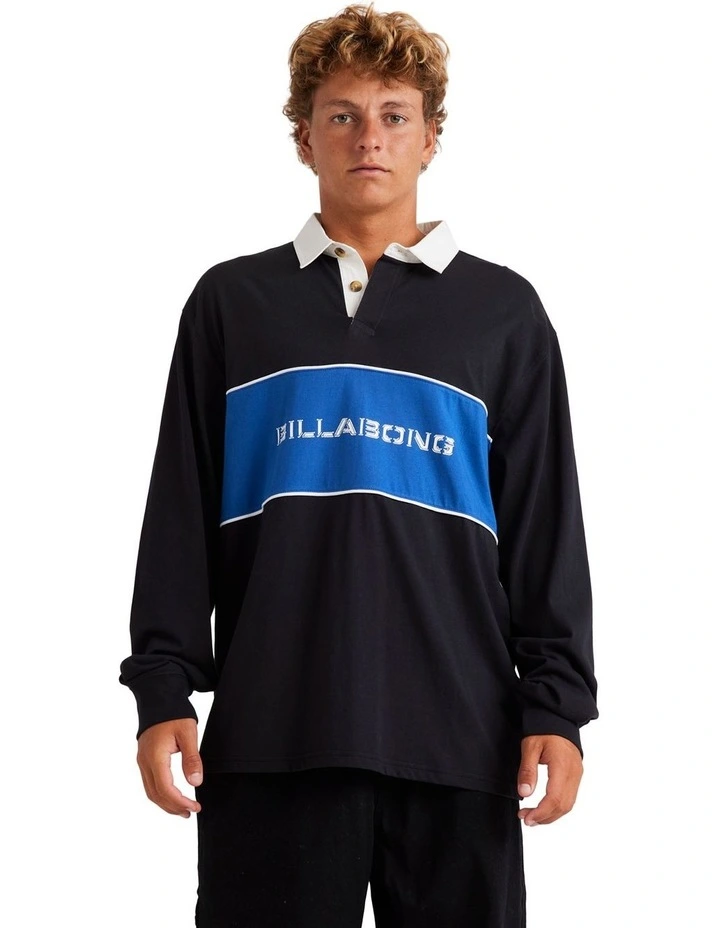 Warped Rugby Long Sleeve Polo Shirt in Black image 1