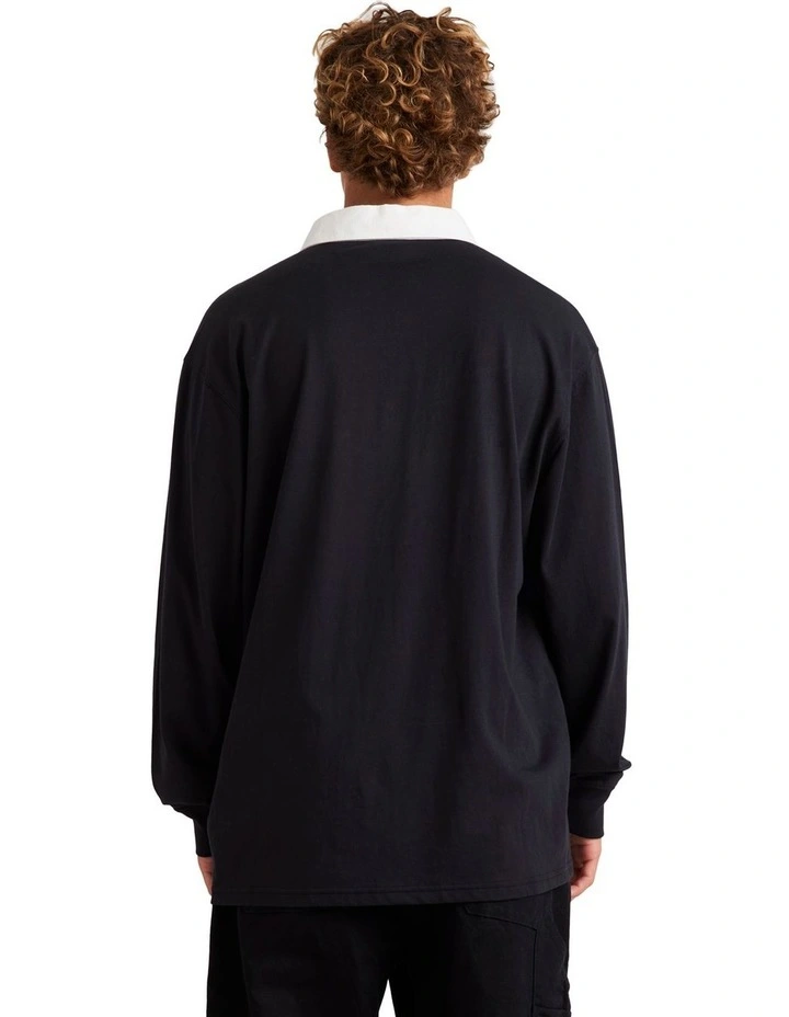Warped Rugby Long Sleeve Polo Shirt in Black image 2