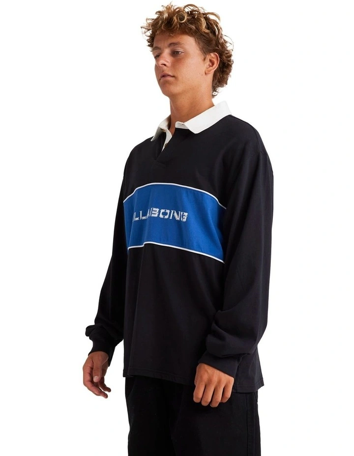 Warped Rugby Long Sleeve Polo Shirt in Black image 3