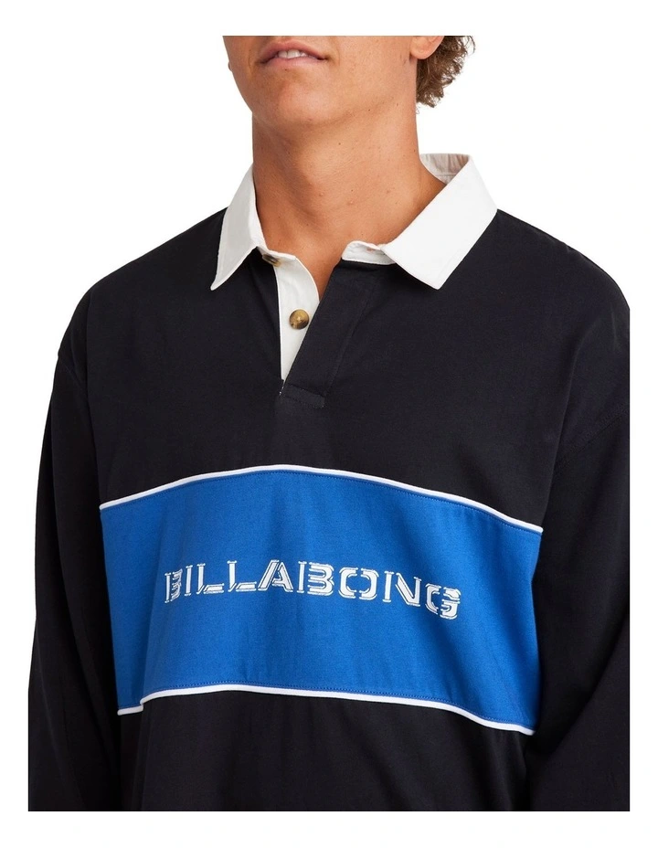 Warped Rugby Long Sleeve Polo Shirt in Black image 4