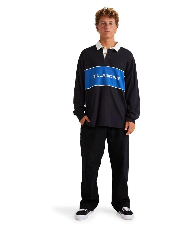 Warped Rugby Long Sleeve Polo Shirt in Black image 5