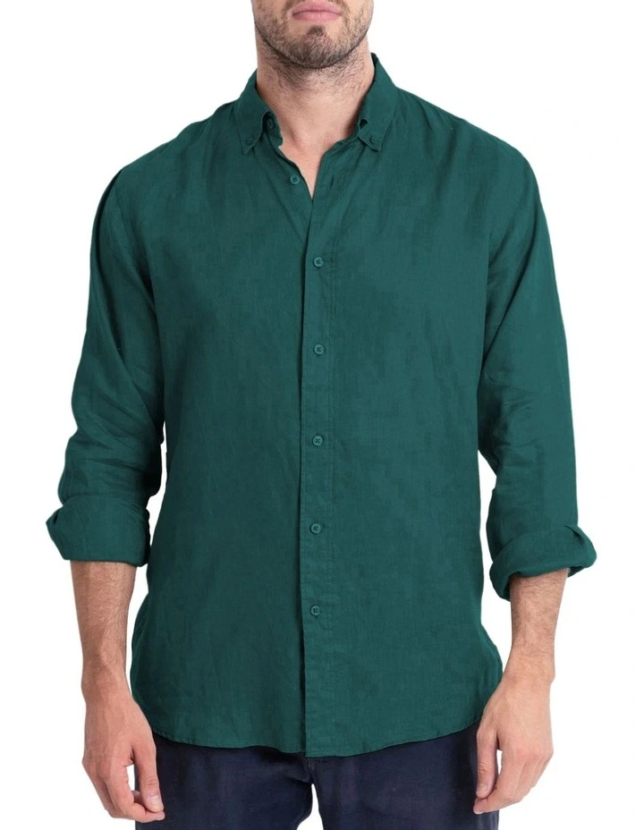 Long Sleeve Linen Shirt in Forest Green image 3