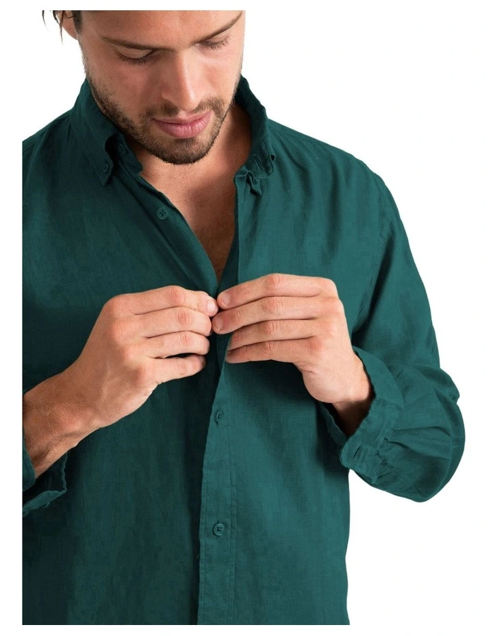 Long Sleeve Linen Shirt in Forest Green image 4
