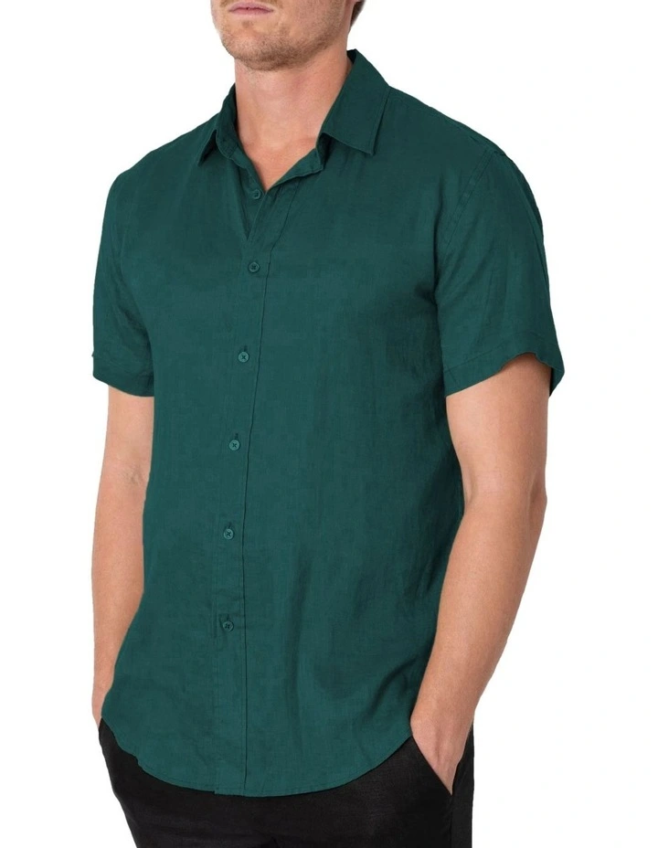 Short Sleeve Linen Shirt in Forest Green image 3