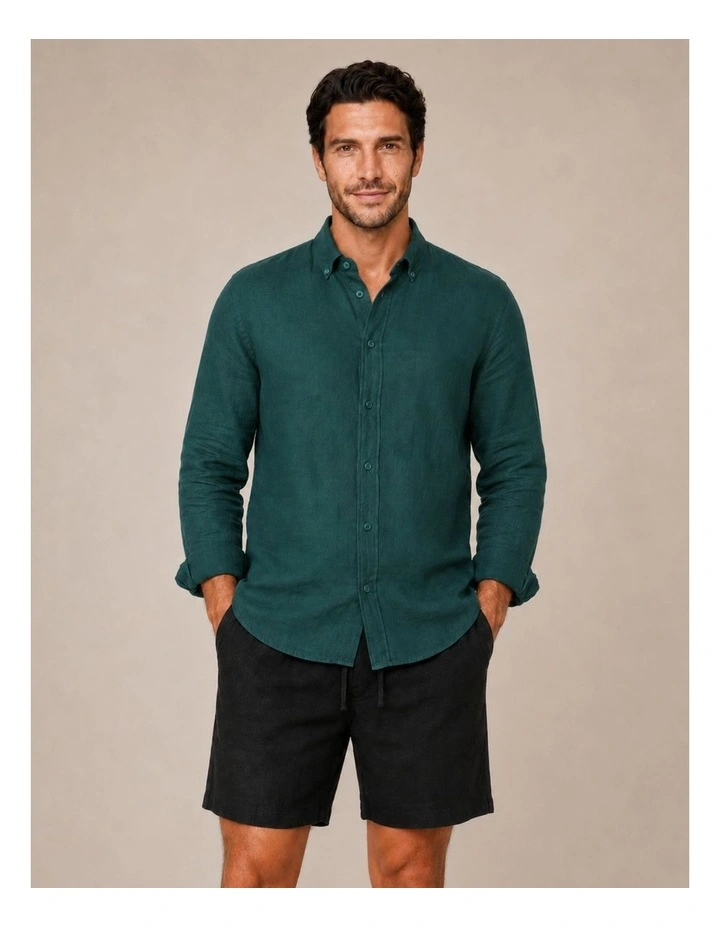Classic Long Sleeve Linen Shirt - Forest Green image 1