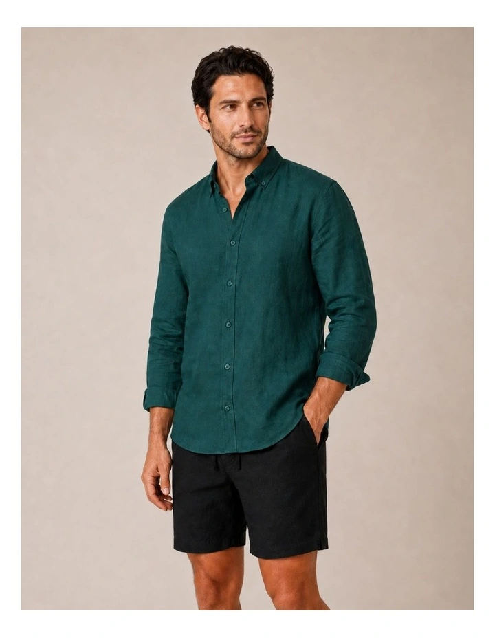 Classic Long Sleeve Linen Shirt - Forest Green image 3