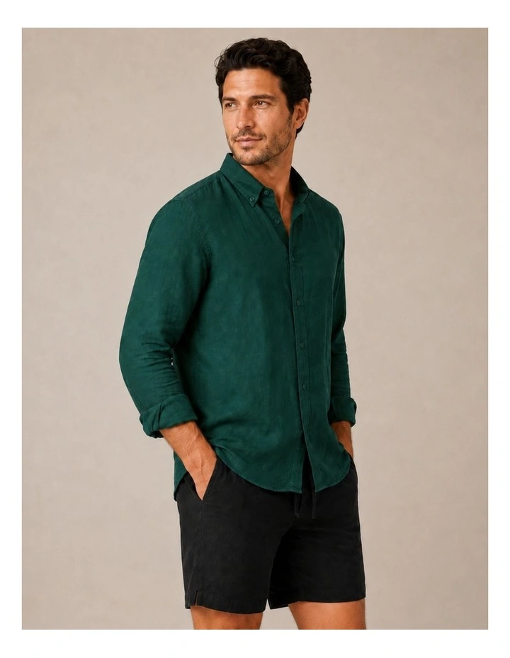 Classic Long Sleeve Linen Shirt - Forest Green image 4