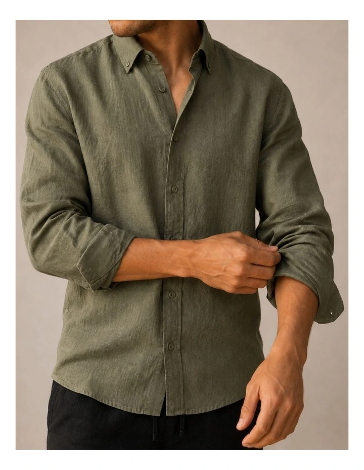 Classic Long Sleeve Linen Shirt - Olive image 3
