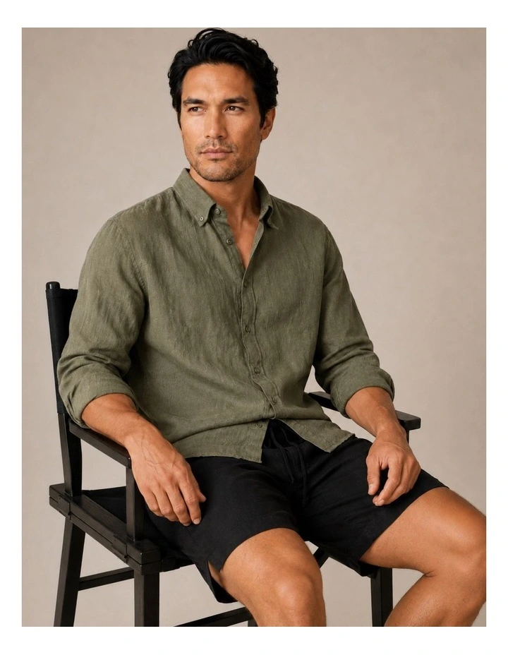 Classic Long Sleeve Linen Shirt - Olive image 4