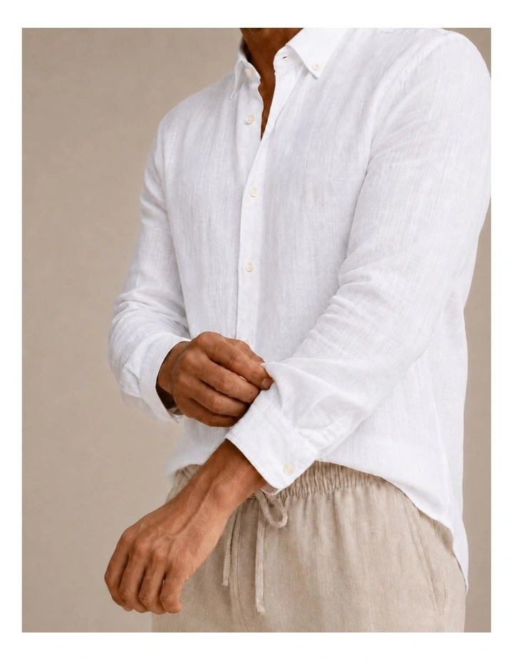Classic Long Sleeve Linen Shirt - White image 3