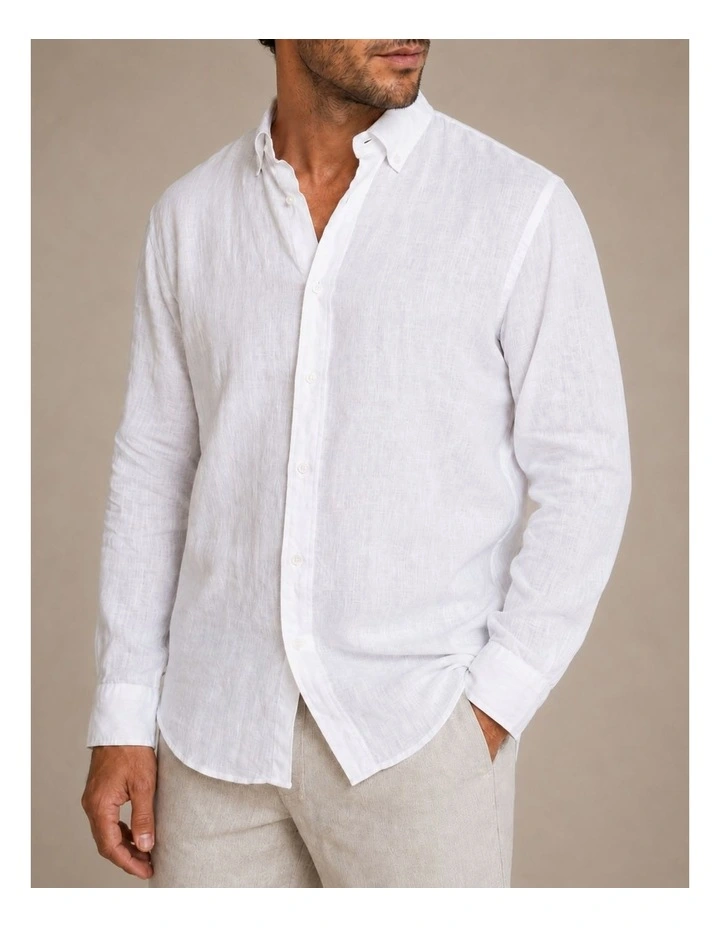 Classic Long Sleeve Linen Shirt - White image 4